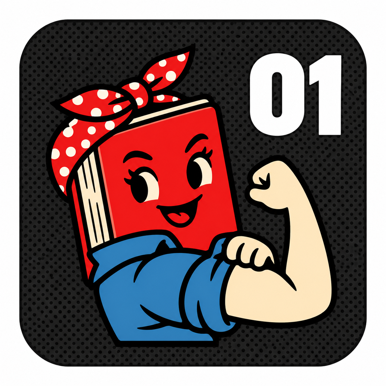 Illustrazione pop: libro rosso che fa il muscolo con numero 01